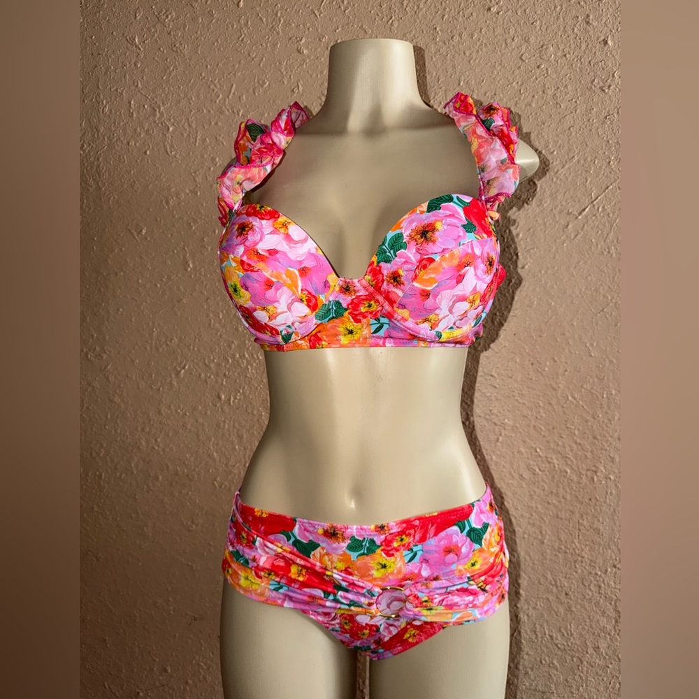 Ruffled Floral Pink Bikini Set - Padded Top & High-Waist Briefs